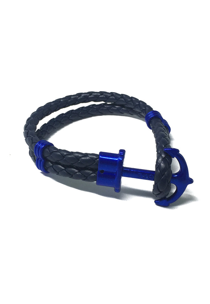 Grapple Series Dark Blue PU Leather Electric Blue Anchor Bracelet