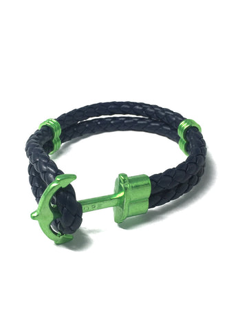 Grapple Series Dark Blue PU Leather Green Anchor Bracelet