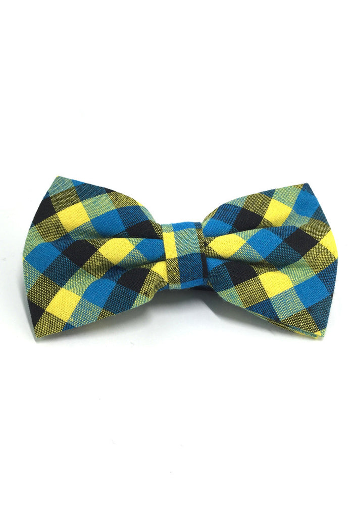 Probe Series Blue, Yellow and Black Checked Design Cotton Pre-tied Bow Tie