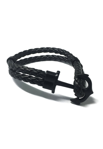 Grapple Series Black PU Leather Black Anchor Bracelet