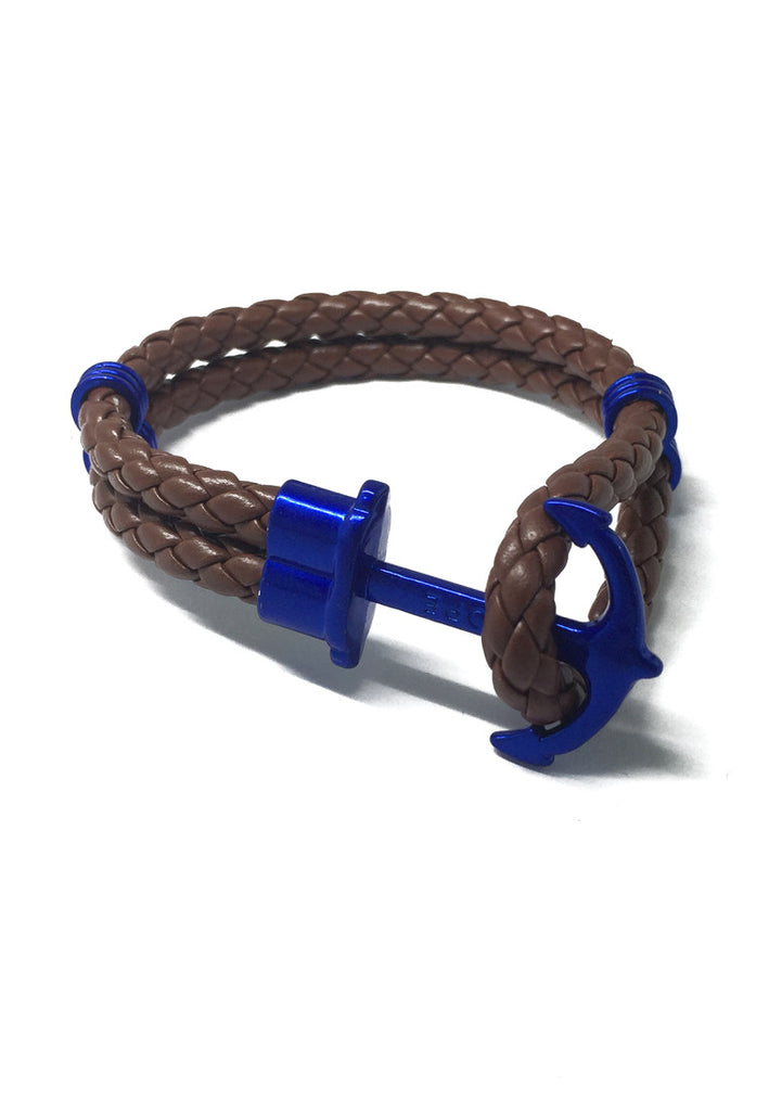 Grapple Series Brown PU Leather Electric Blue Anchor Bracelet
