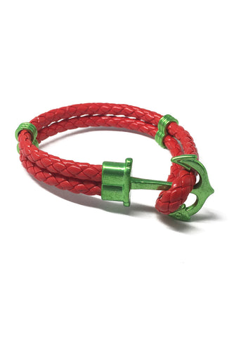 Grapple Series Red PU Leather Green Anchor Bracelet