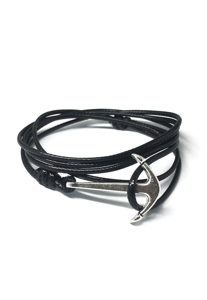 Ore Series Black Cord Silver Anchor Bracelet