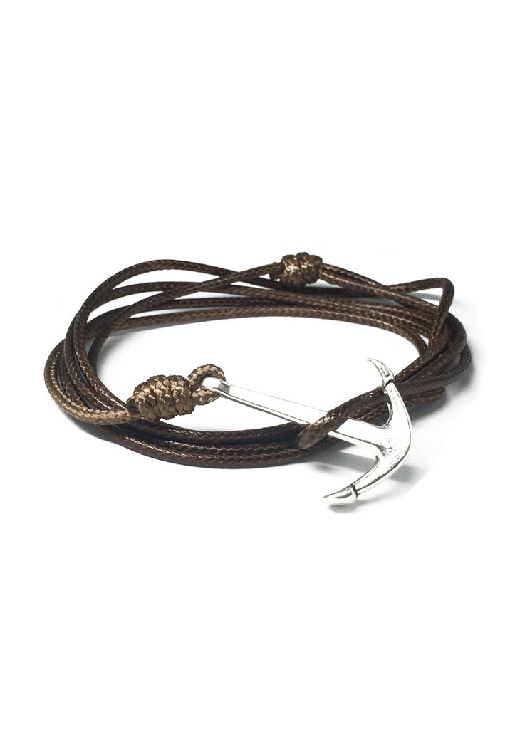 Ore Series Brown Cord Silver Anchor Bracelet