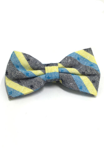 Probe Series Turquoise, Yellow and Black Striped Pattern Design Cotton Pre-ikat Bow Tie