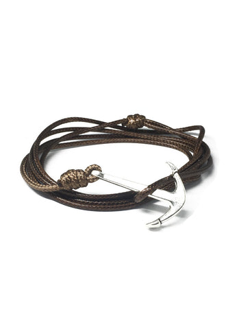 Ore Series Brown Cord Silver Anchor Bracelet