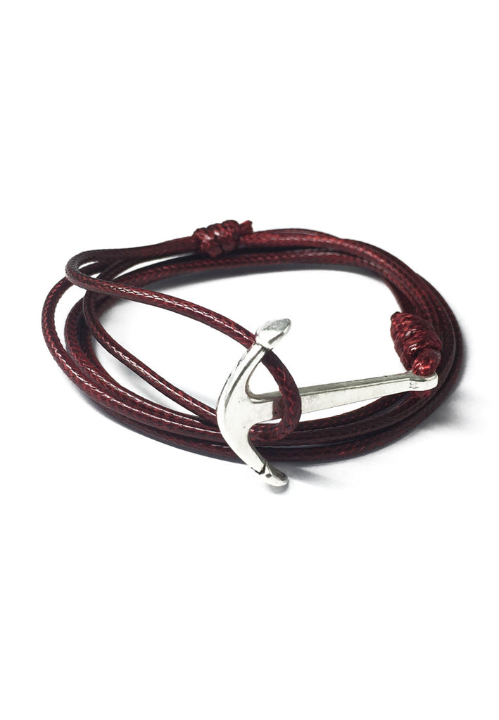 Ore Series Dark Red Cord Silver Anchor Bracelet