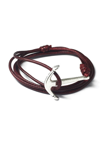 Ore Series Dark Red Cord Silver Anchor Bracelet