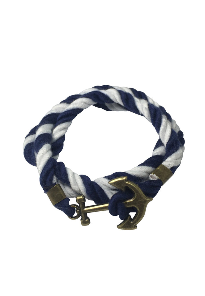 Kedge Series Navy Blue and White thick Nylon Strap Brass Anchor Bracelet