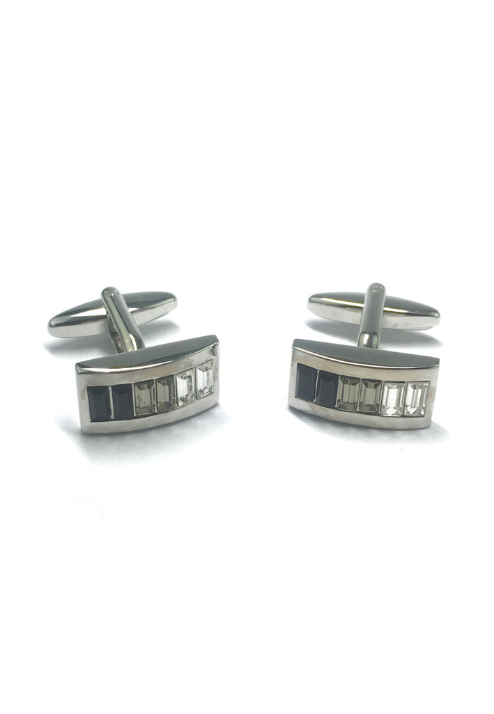 Curved Rhodium Plated Cufflinks with Graded Black Smoke Grey & Clear Crystals