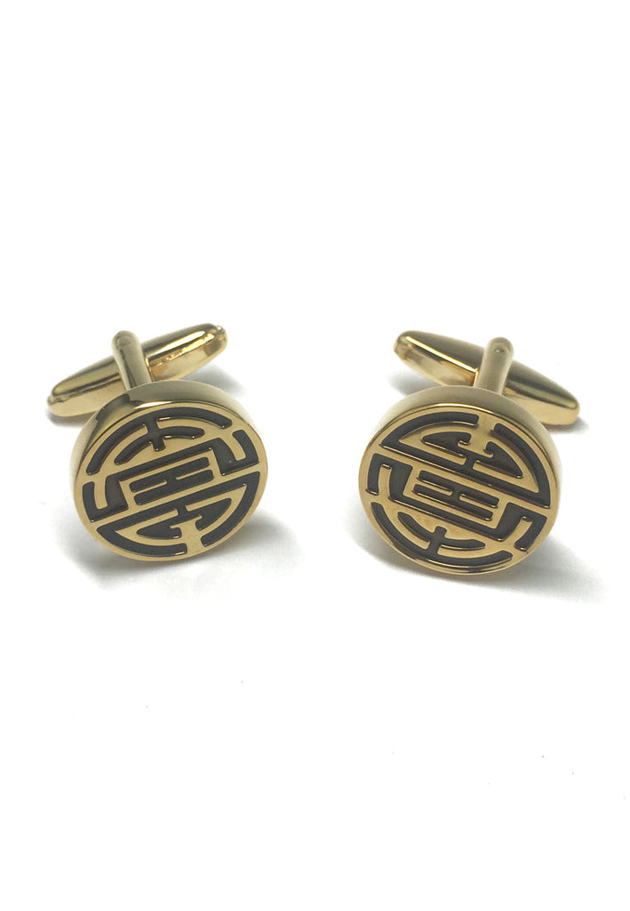 Gold Plated & Black Chinese Longevity Symbol Cufflinks