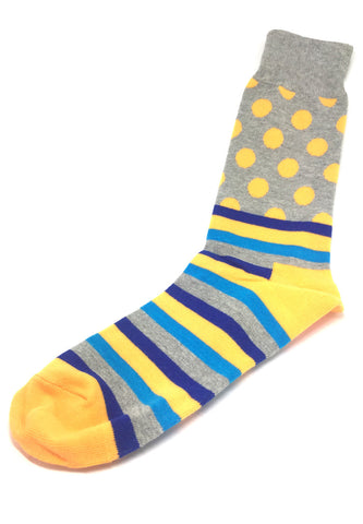 Even-Steven Series Yellow and Blue Stripes Yellow Polka Dots Grey Socks