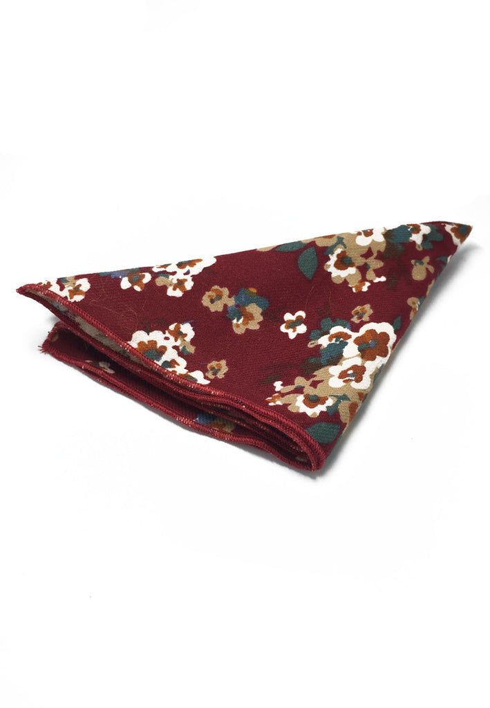 Posy Series Dark Red Floral Pattern Cotton Pocket Square