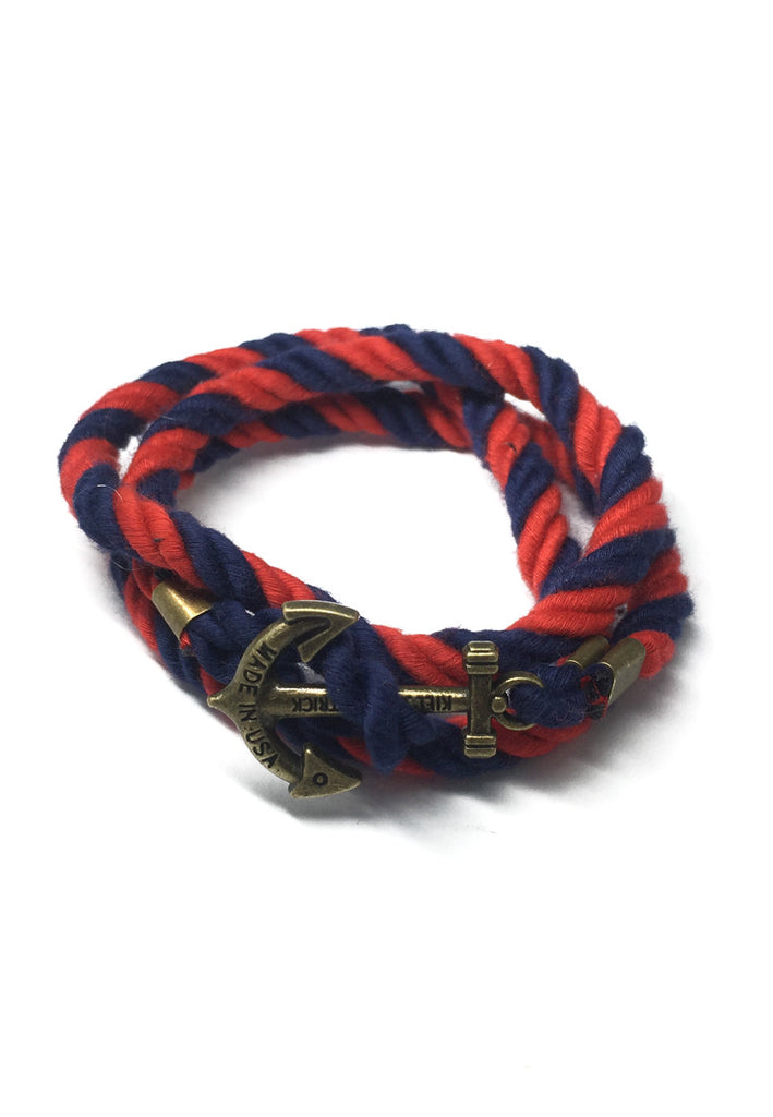 Kedge Series Navy Blue and Red thick Nylon Strap Brass Anchor Bracelet