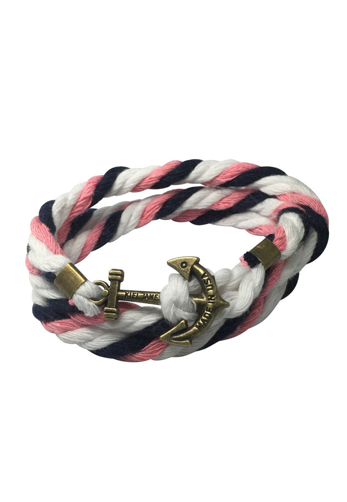 Kedge Series Navy Blue, Pink and White thick Nylon Strap Brass Anchor Bracelet