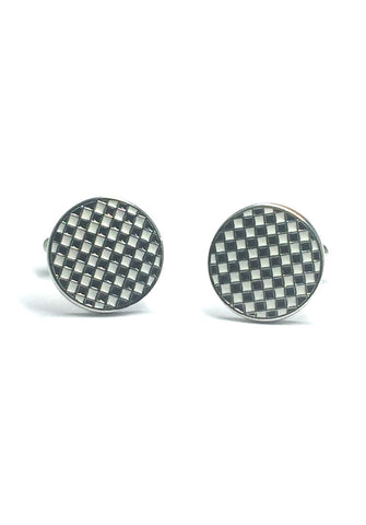 Black and White Checked Pattern Round Cufflinks