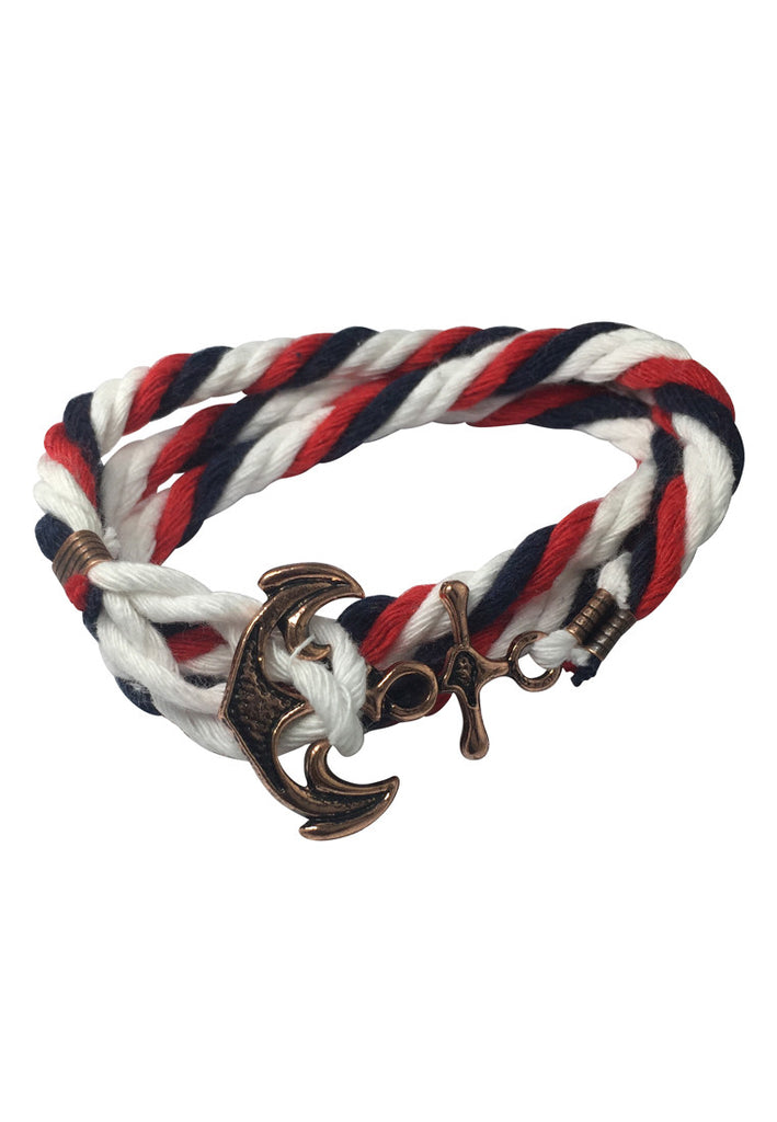 Kedge Series Navy Blue, Red and White thick Nylon Strap New Brass Anchor Design Bracelet