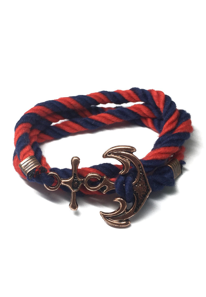Kedge Series Navy Blue and Red thick Nylon Strap New Brass Anchor Design Bracelet