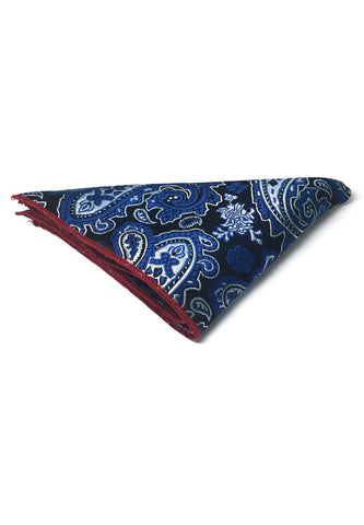 Taj 系列电蓝色佩斯利图案黑色聚酯口袋方巾