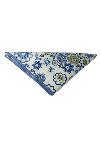 Posy系列蓝色花卉图案白色棉质口袋方巾