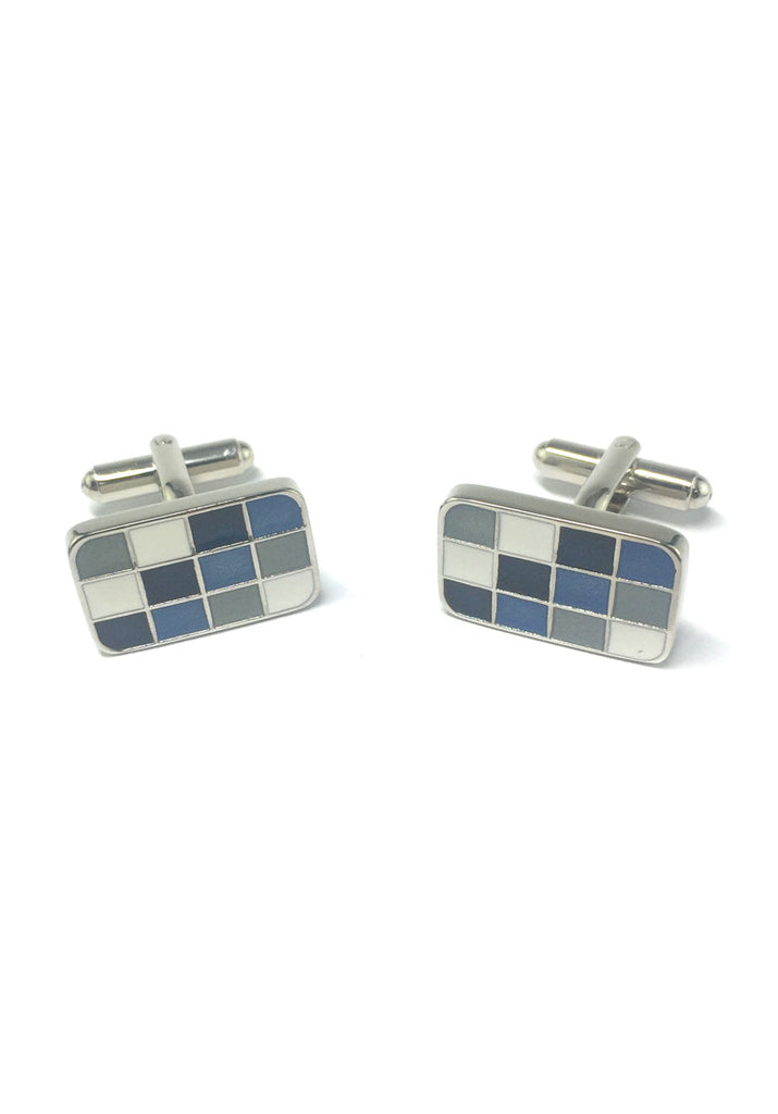 Blue, Grey and White Squares Rectangular Cufflinks