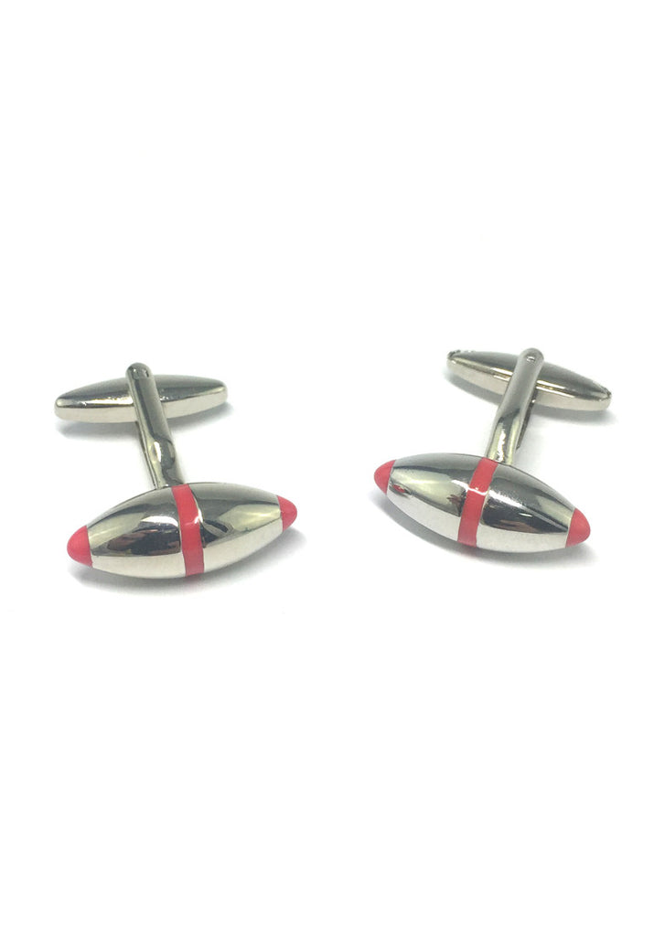 Red Outline Silver Rugby Ball Cufflinks
