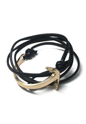Hyperbola Series Black Leather Strap Gold Curved Anchor Bracelet