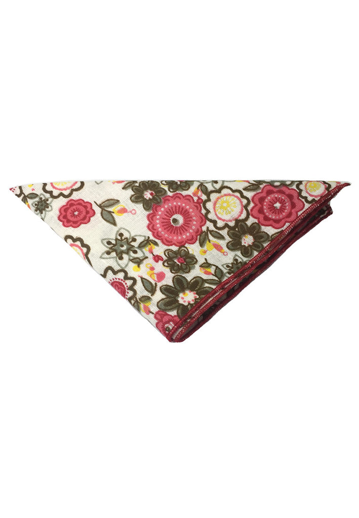 Posy Series Pink and Green Floral Pattern White Cotton Pocket Square