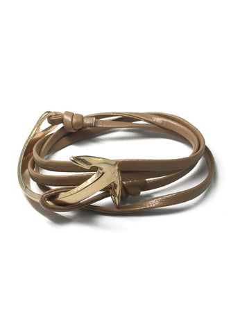 Hyperbola Series Light Brown Leather Strap Gold Curved Anchor Bracelet