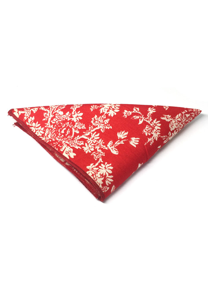 Posy Series Brown Floral Pattern Bright Red Cotton Pocket Square