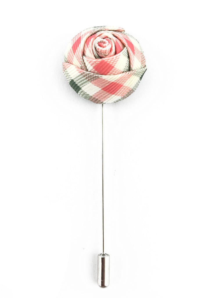 Pink & Grey Checked Design Fabric Rose Groom Lapel Pin
