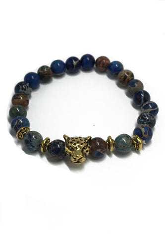 Masonry Series Mixed Colour Natural Stone Beads Gold Leopard Head Bracelet