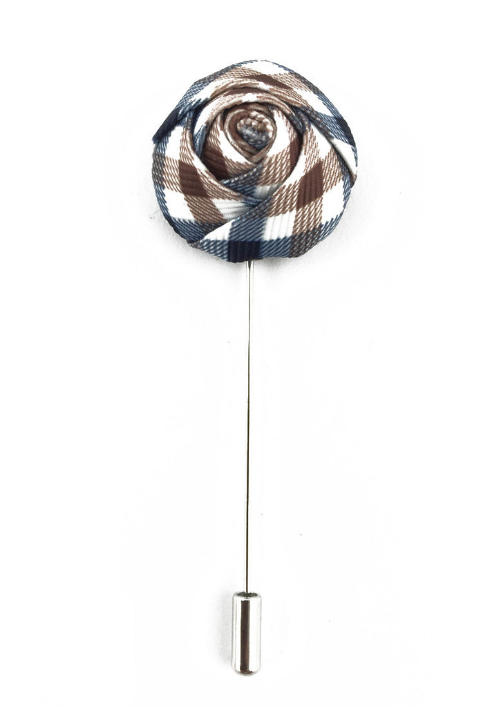 Blue, White & Brown Checked Design Fabric Rose Groom Lapel Pin