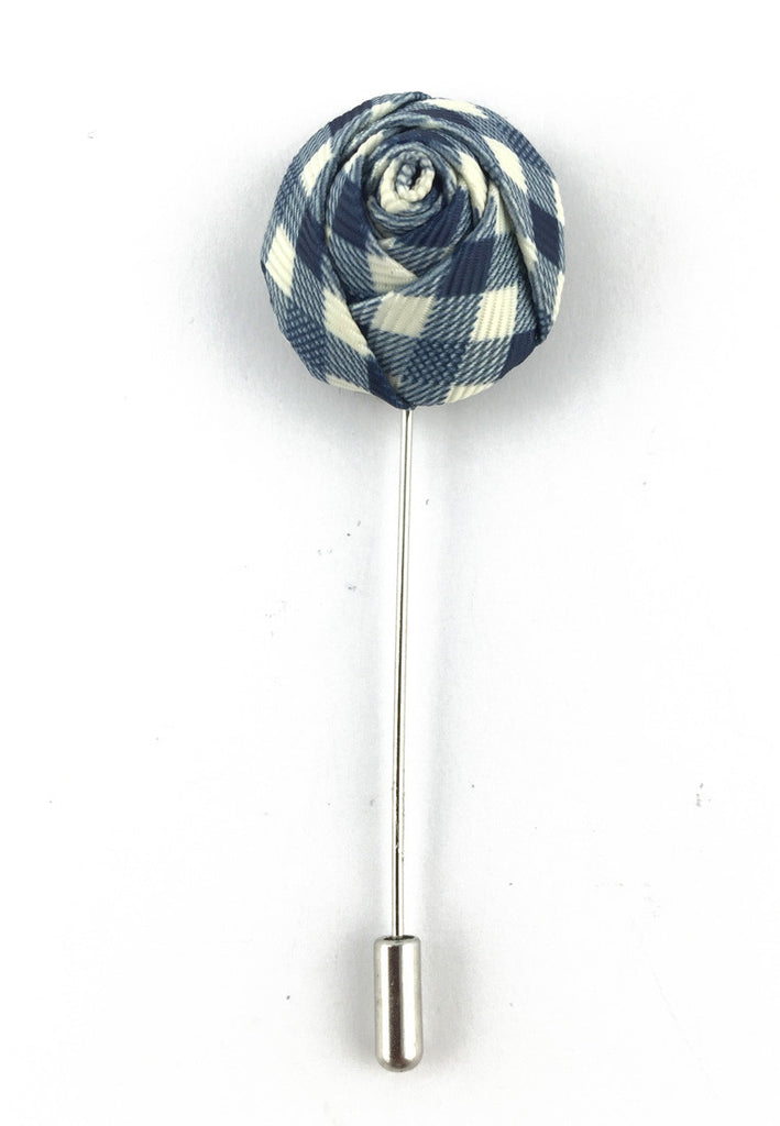 Blue & White Checked Design Fabric Rose Groom Lapel Pin
