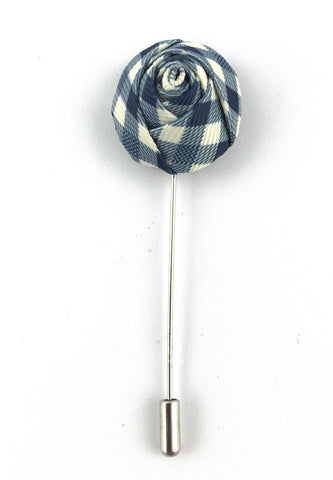Blue & White Checked Design Fabric Rose Groom Lapel Pin