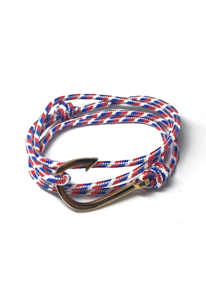 Angle Series Blue, Red and White Stripes Polyester Strap Gold Fishing Hook Bracelet