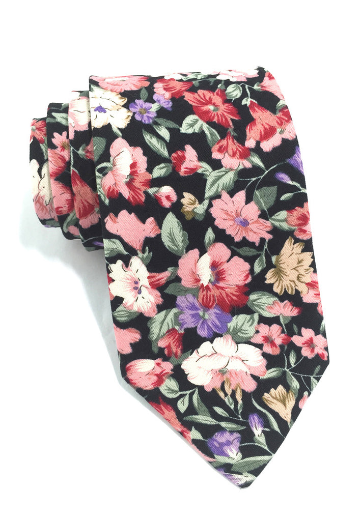 Featherweight Series Floral Design Black Cotton Tie