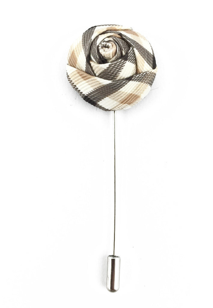 White & Brown Checked Design Fabric Rose Groom Lapel Pin