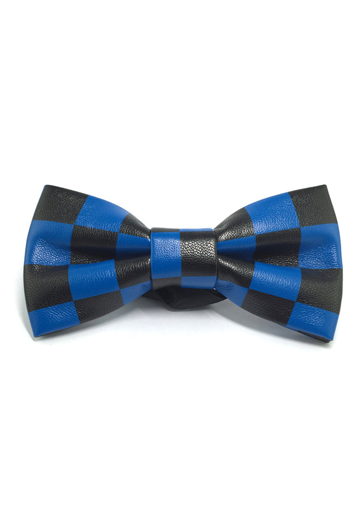 Fluky Series Black &amp; Blue Checked Squares PU Leather Bow Tie
