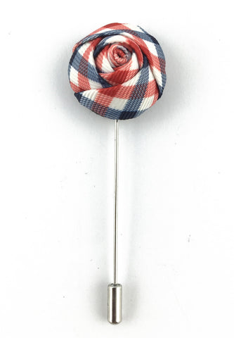 Red, Blue & White Checked Design Fabric Rose Groom Lapel Pin