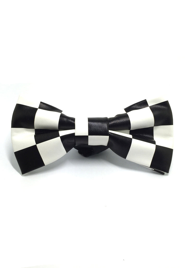 Fluky Series Black &amp; White Checked Squares PU Leather Bow Tie