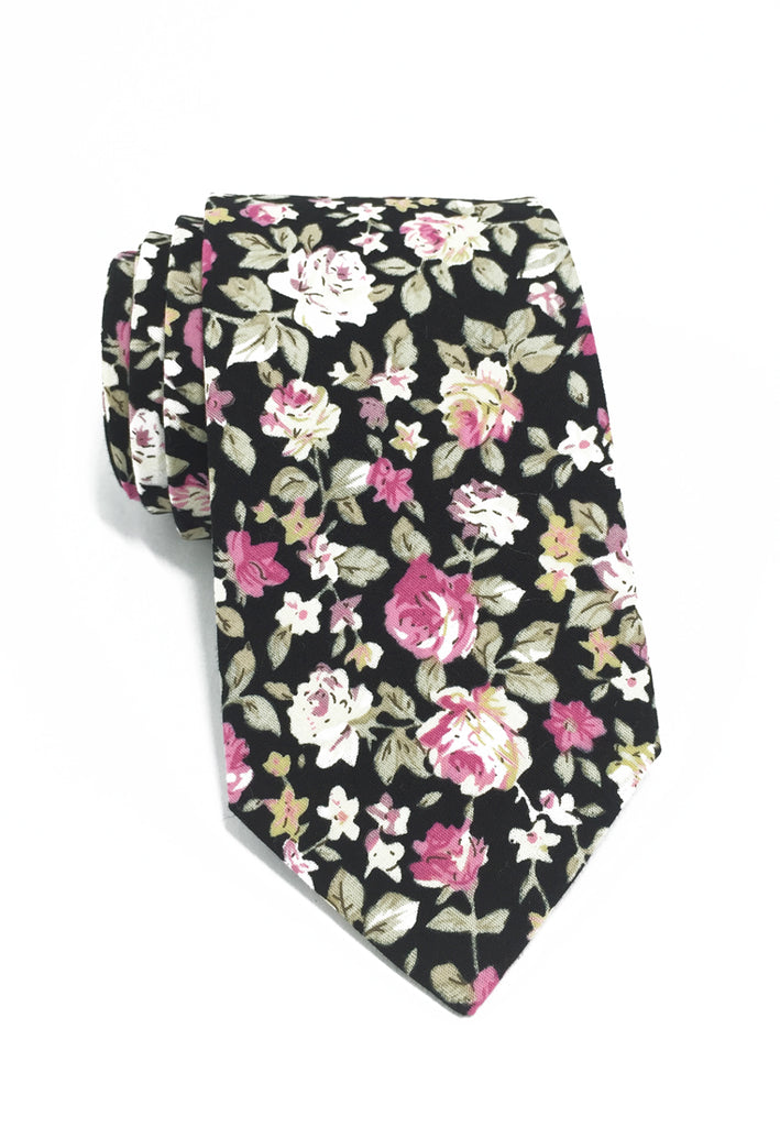 Featherweight Series Floral Design Black Cotton Tie 2