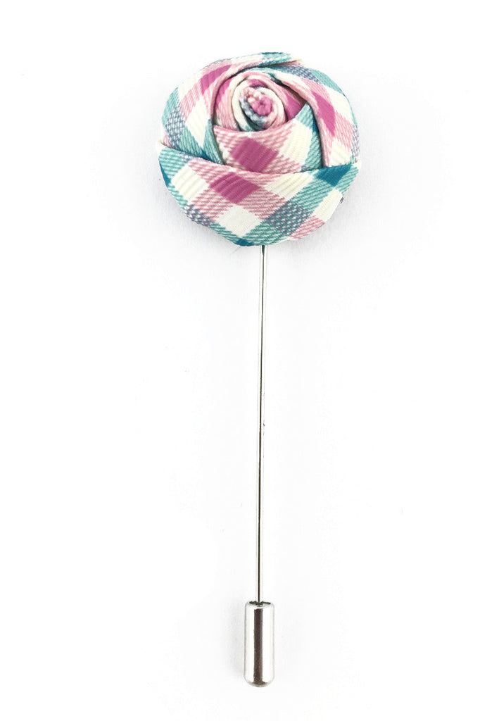 Turquoise, Pink & White Checked Design Fabric Rose Groom Lapel Pin