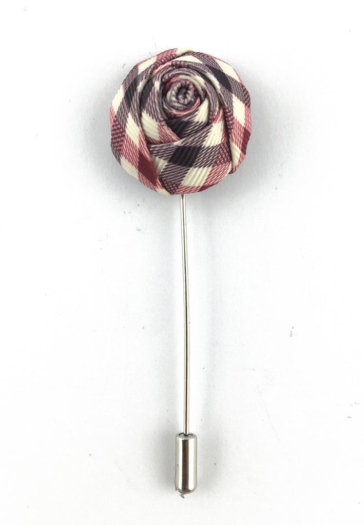 Purple, Red & White Checked Design Fabric Rose Groom Lapel Pin