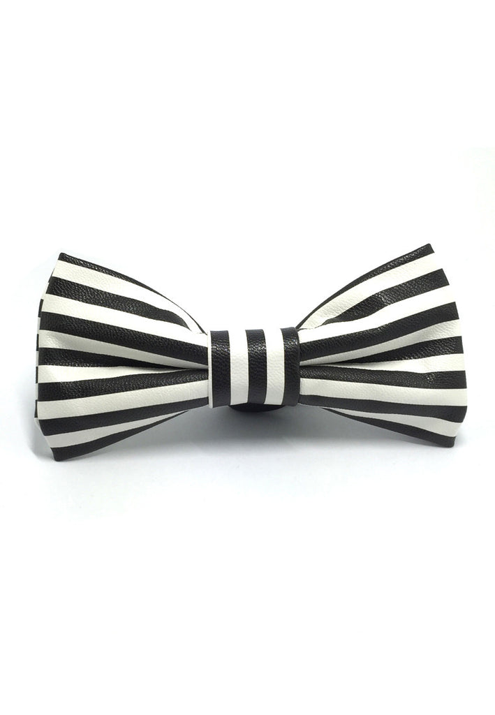 Fluky Series Black & White Stripes PU Leather Bow Tie