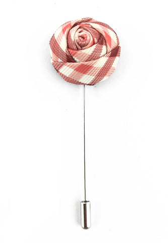 Pink, Red & White Checked Design Fabric Rose Groom Lapel Pin
