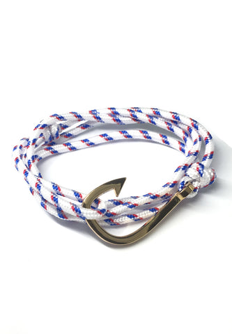 Angle Series Blue and Red Stripes White Polyester Strap Gold Fishing Hook Bracelet