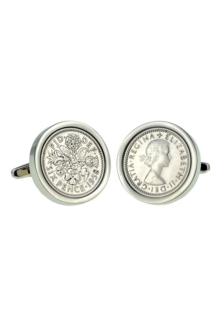 Genuine Polished Silver Lucky Sixpence in Rhodium Plated Cufflinks