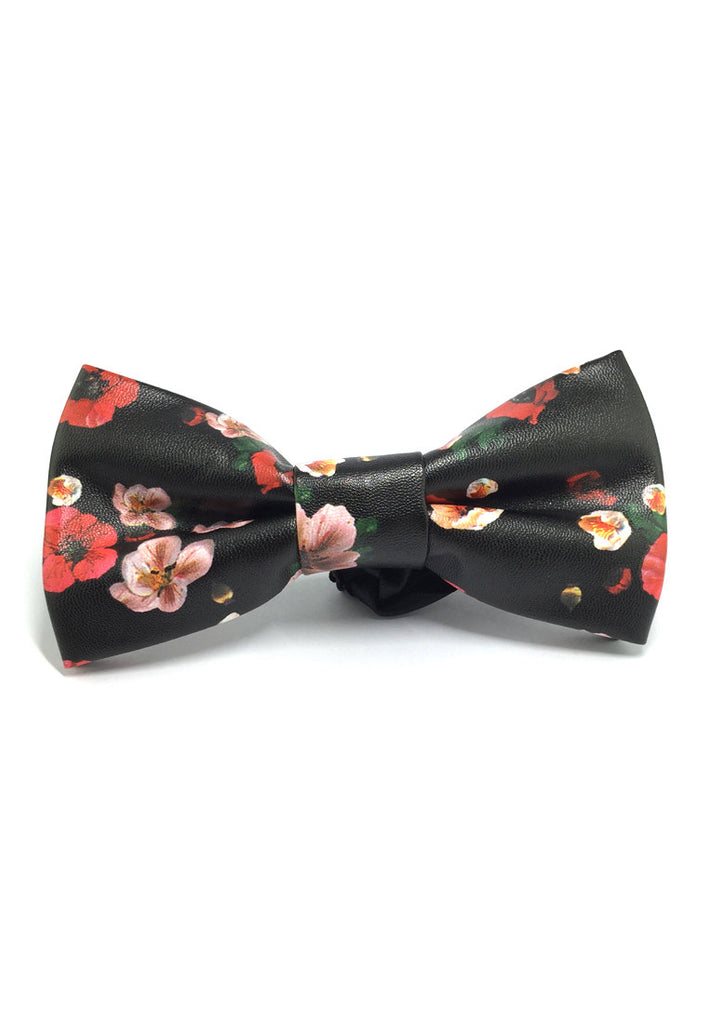 Fluky Series Black Red &amp; Pink Floral Design PU Leather Bow Tie