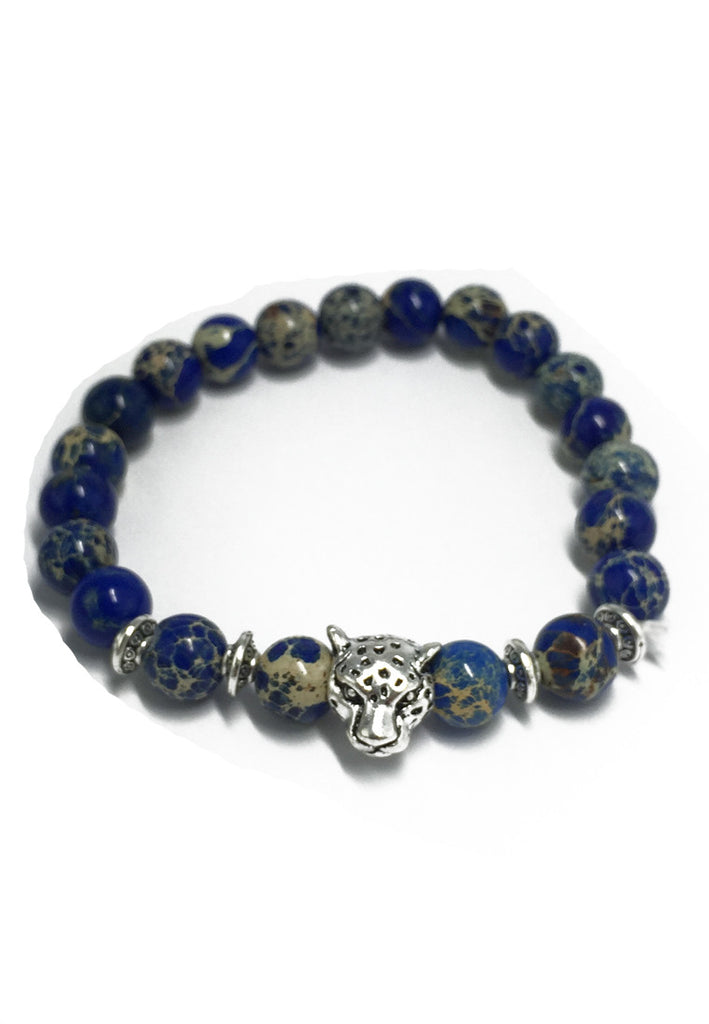Masonry Series Mixed Colour Natural Stone Beads Silver Leopard Head Bracelet